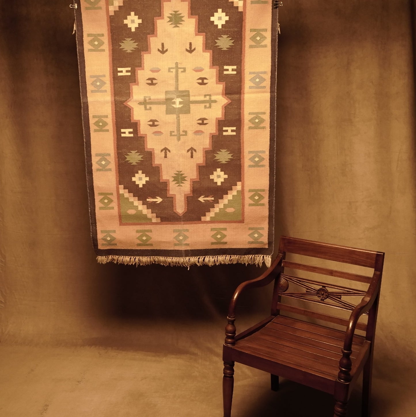Hand-woven Kilim Rug in Orange Wool with Fringe