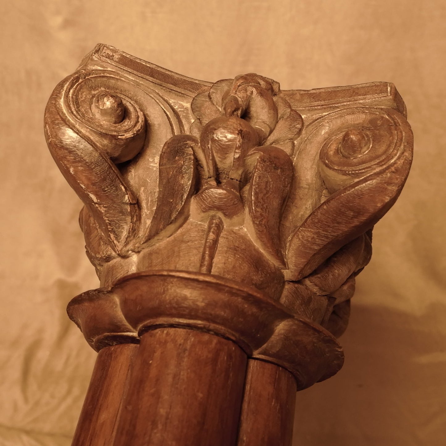 Carved wooden cornice and columns with wrought iron railing, Indonesian handicraft