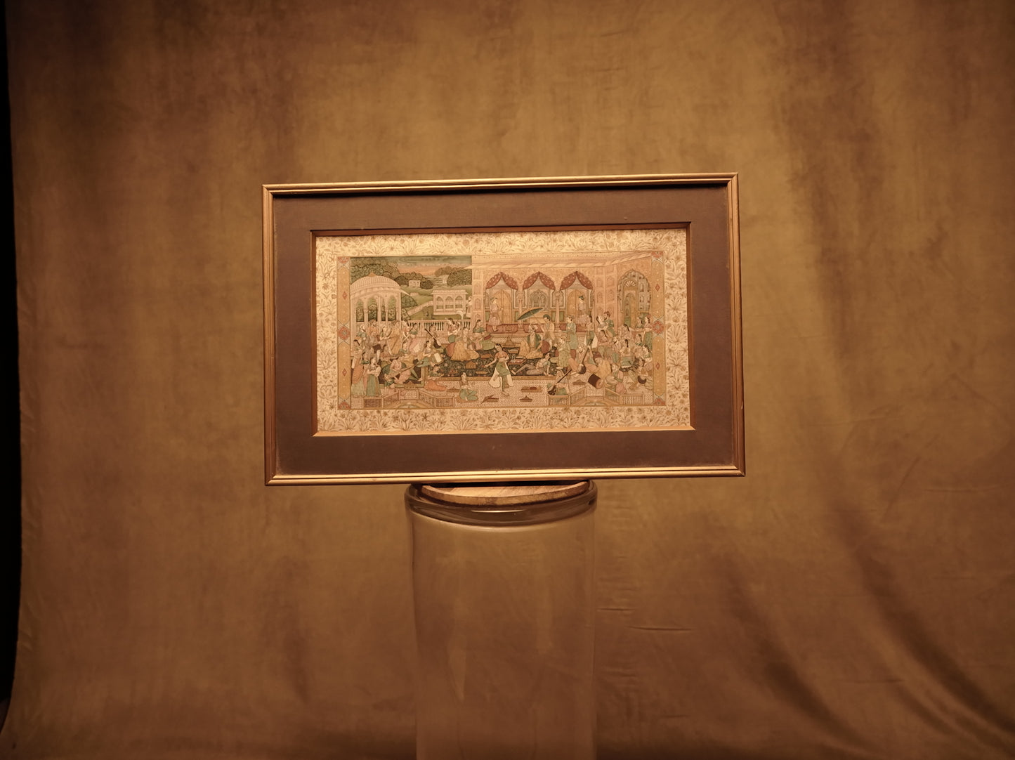 Pintura India Panorámica en Miniatura - Escena Festiva Real en Óleo sobre Papel Lino