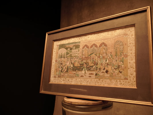 Pintura India Panorámica en Miniatura - Escena Festiva Real en Óleo sobre Papel Lino