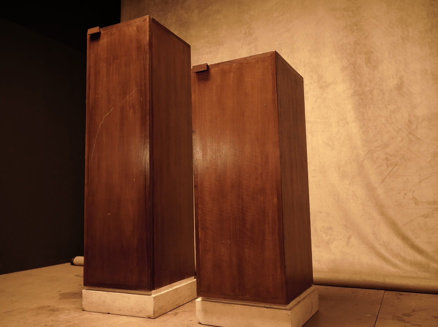 Teak pedestal and limestone base with interior shelves