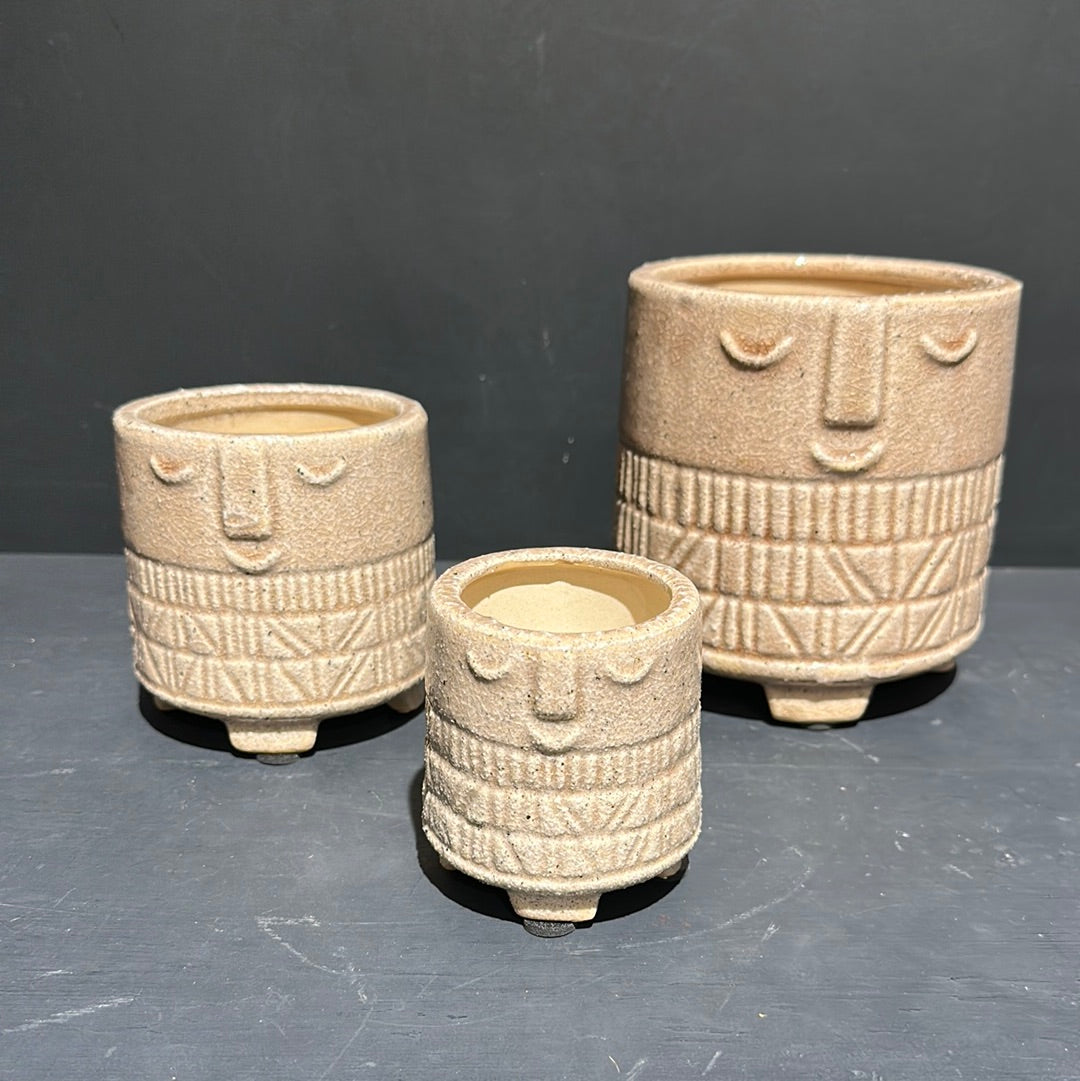 Sand Style Ceramic Planter with Totem Design - Bohemian Touch
