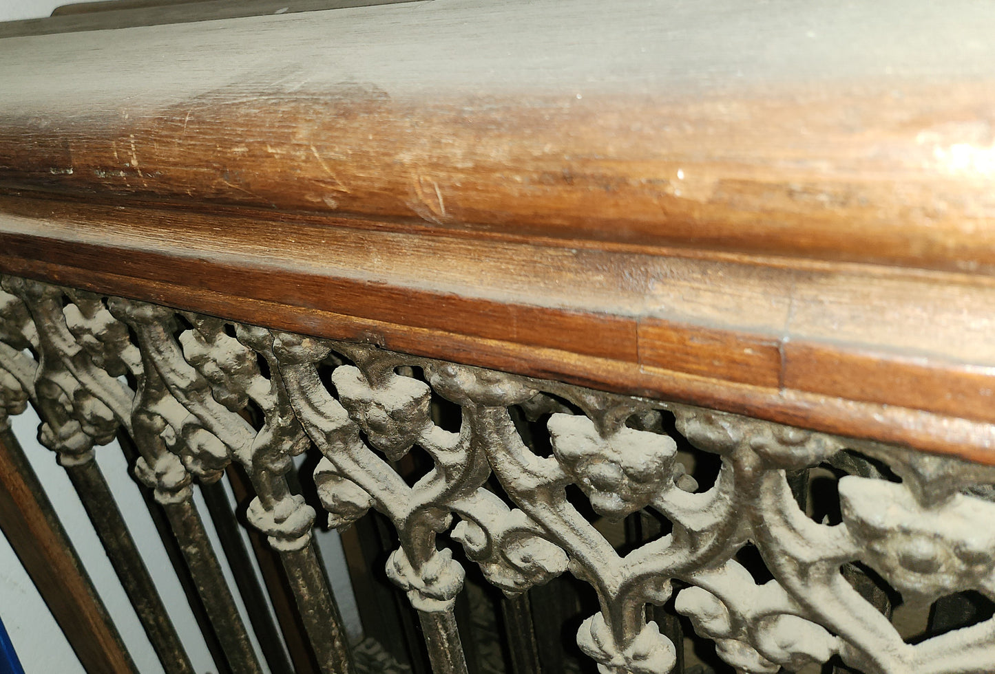 Carved wooden cornice and columns with wrought iron railing, Indonesian handicraft