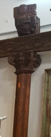 Carved wooden cornice and columns with wrought iron railing, Indonesian handicraft
