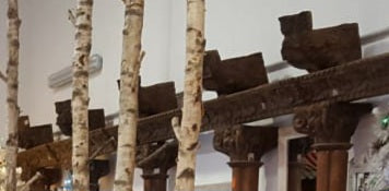 Carved wooden cornice and columns with wrought iron railing, Indonesian handicraft