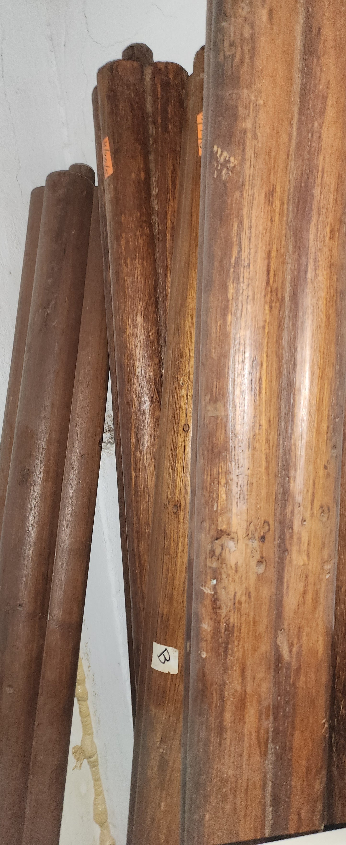 Carved wooden cornice and columns with wrought iron railing, Indonesian handicraft