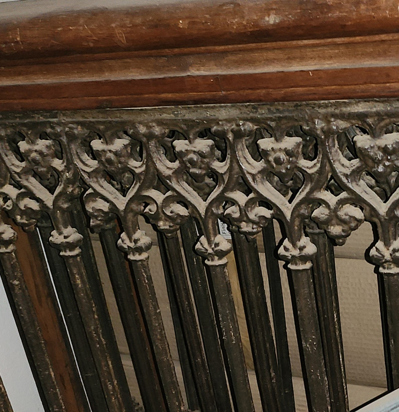 Carved wooden cornice and columns with wrought iron railing, Indonesian handicraft
