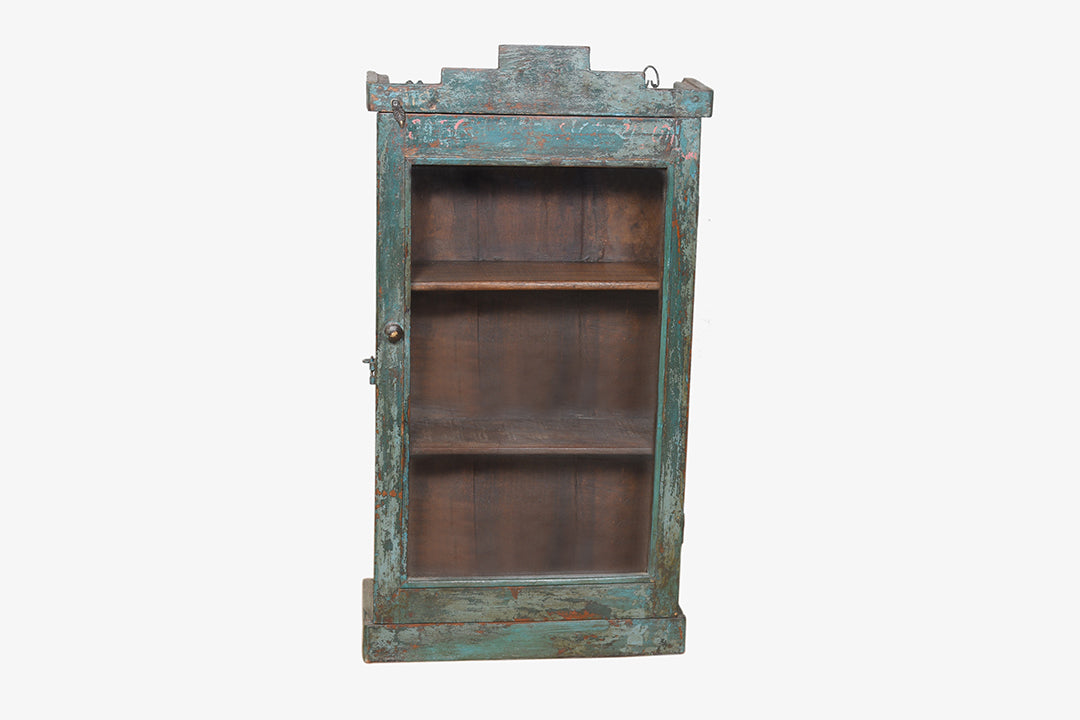 Blaue Hängevitrine aus Holz und Glas im Vintage-Stil
