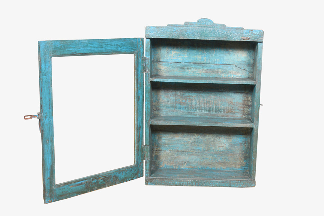 Blaue Hängevitrine im Vintage-Stil aus Holz