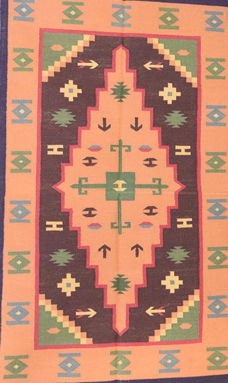 Hand-woven Kilim Rug in Orange Wool with Fringe
