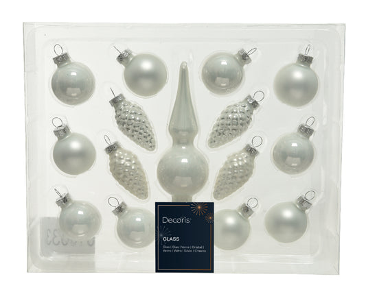 Pack de 16 Minibolas de Navidad blanco invernal de cristal 13 cm