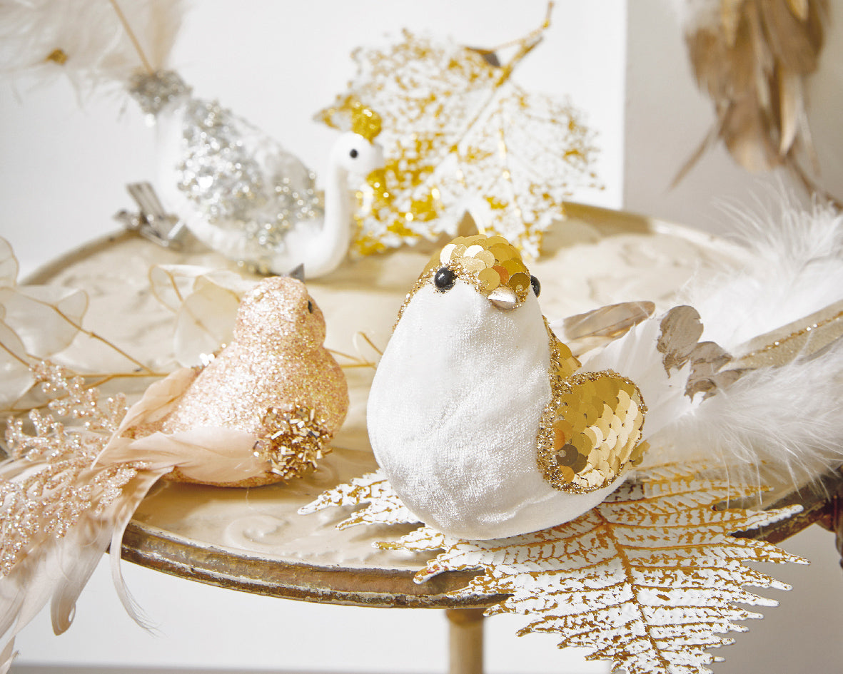 Small white and gold bird Christmas decoration 16.5 cm