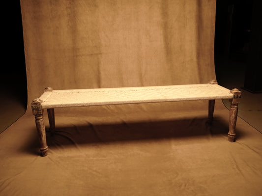 Indian Charpai Bed made of Carved Wood and Handcrafted Braided Rope