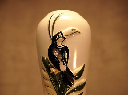 Weiße Keramikvase mit Vogelmotiv – 1960er Jahre – Vintage-Stil