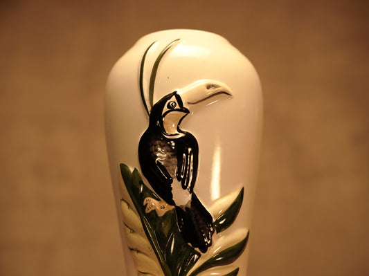 White Ceramic Vase with Bird Motif - 1960s - Vintage Style