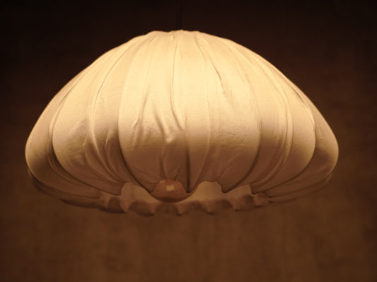 White fabric ceiling lamp in Japandi style