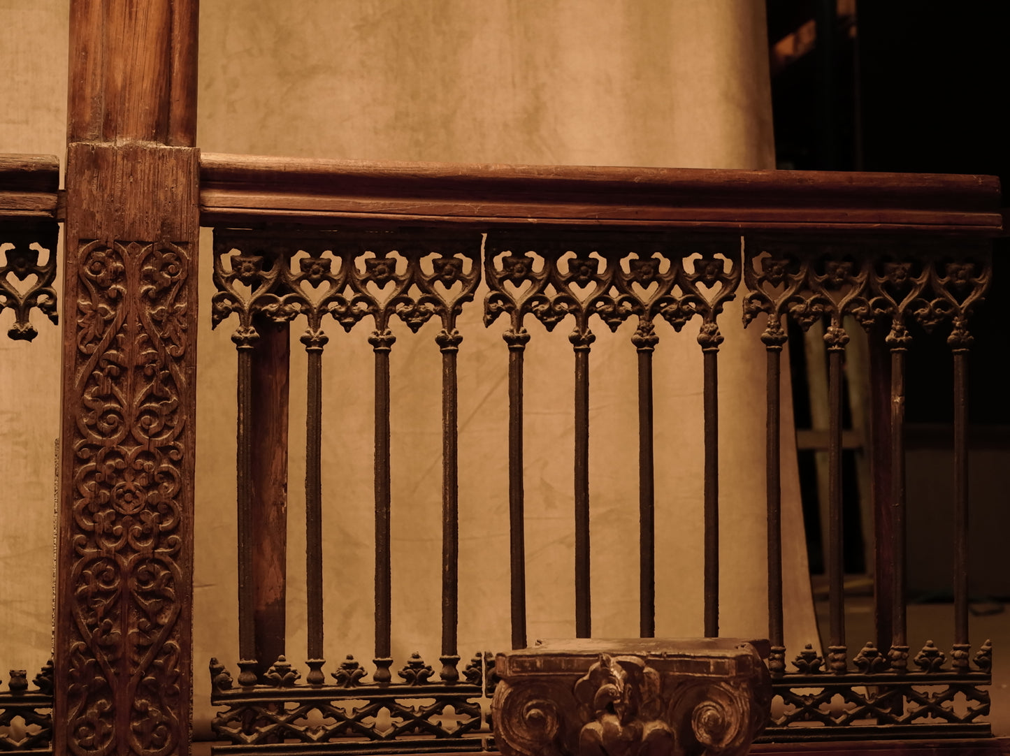 Carved wooden cornice and columns with wrought iron railing, Indonesian handicraft