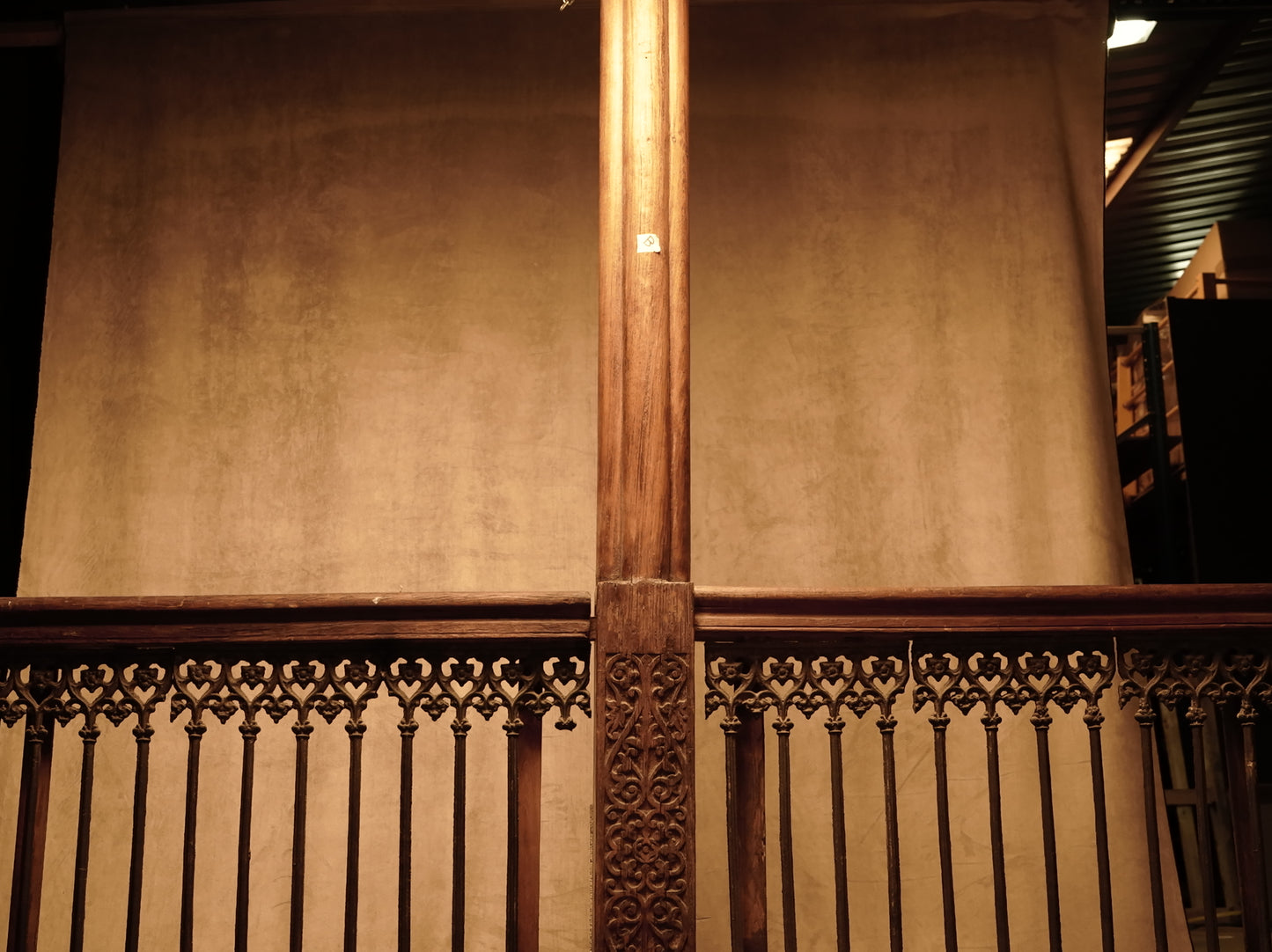 Carved wooden cornice and columns with wrought iron railing, Indonesian handicraft