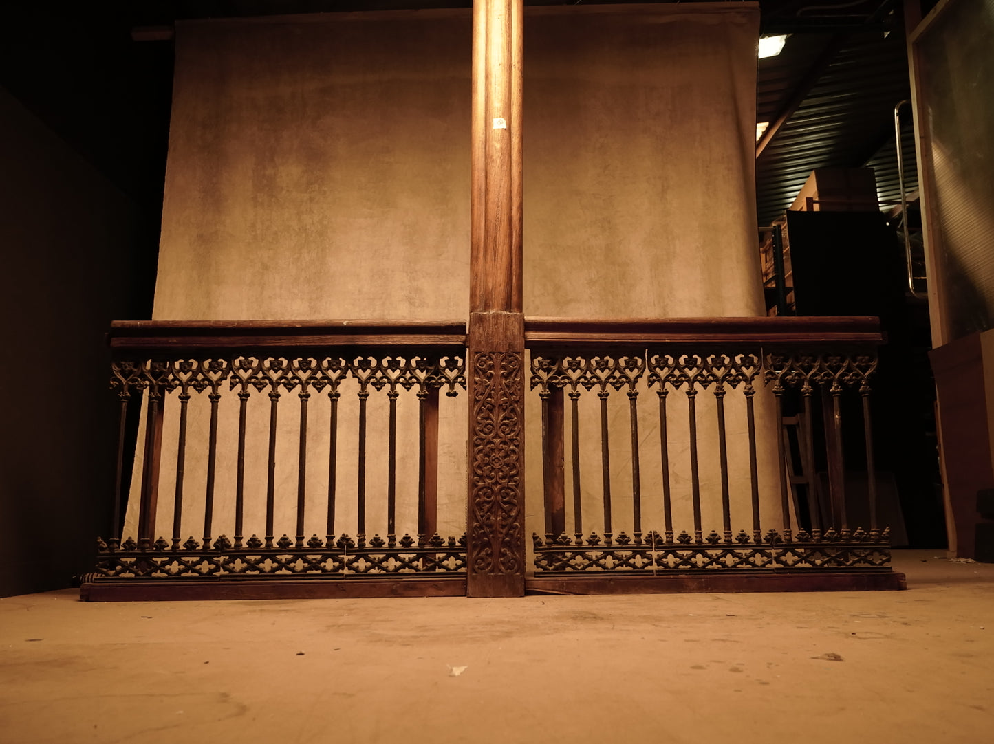 Carved wooden cornice and columns with wrought iron railing, Indonesian handicraft