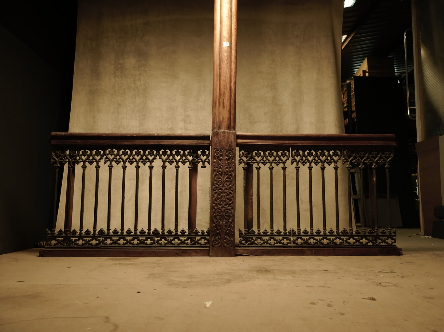 Carved wooden cornice and columns with wrought iron railing, Indonesian handicraft