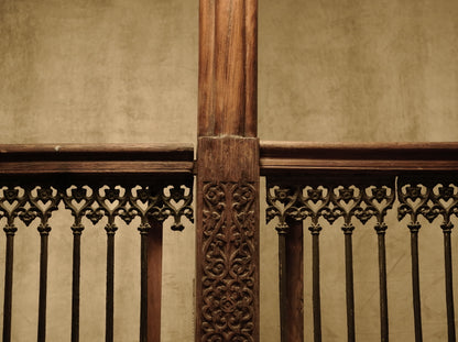 Carved wooden cornice and columns with wrought iron railing, Indonesian handicraft