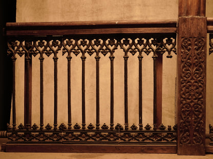 Carved wooden cornice and columns with wrought iron railing, Indonesian handicraft