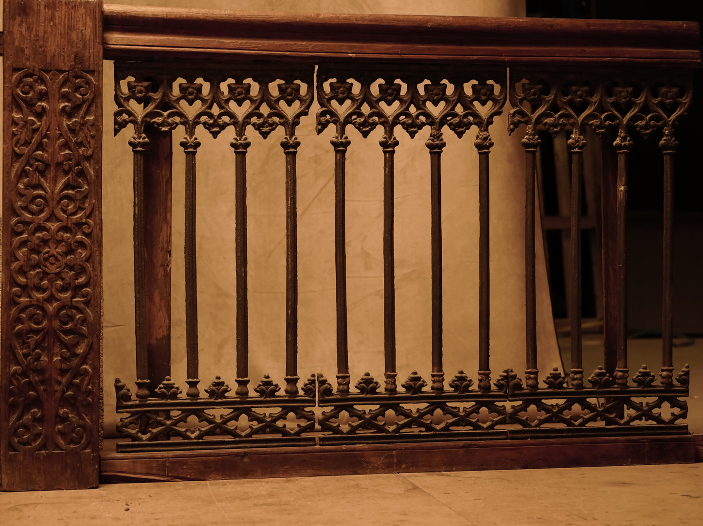 Carved wooden cornice and columns with wrought iron railing, Indonesian handicraft