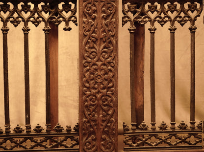 Carved wooden cornice and columns with wrought iron railing, Indonesian handicraft