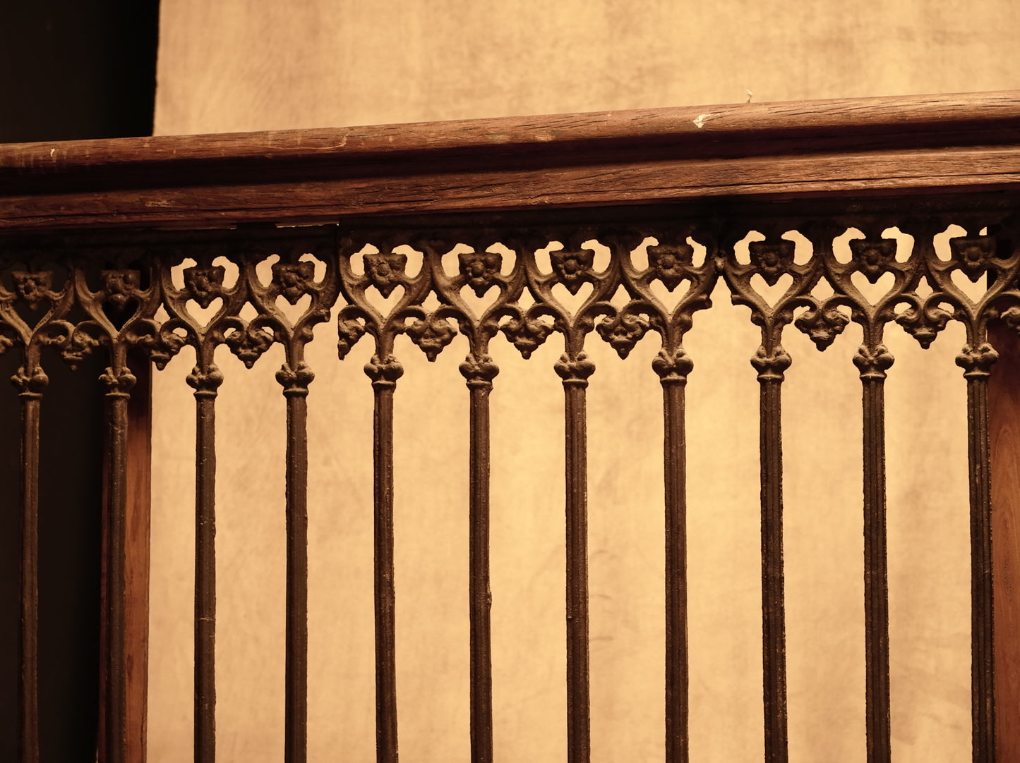 Carved wooden cornice and columns with wrought iron railing, Indonesian handicraft