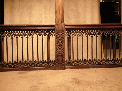 Carved wooden cornice and columns with wrought iron railing, Indonesian handicraft