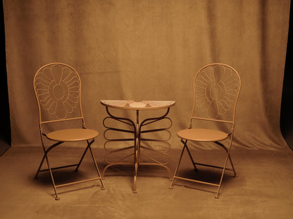 Vintage Boho Outdoor Furniture Set - Semicircle Table and Terracotta Tone Metal Chairs