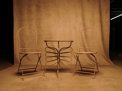 Vintage Boho Outdoor Furniture Set - Semicircle Table and Terracotta Tone Metal Chairs