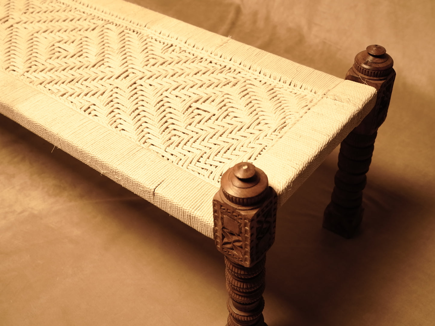 Indian Charpai Bed made of Carved Wood and Handcrafted Braided Rope