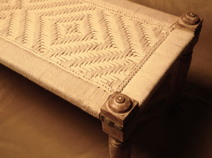 Indian Charpai Bed made of Carved Wood and Handcrafted Braided Rope