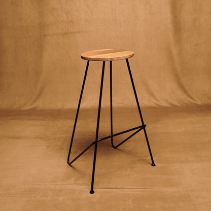 High Stool with Iron Legs and Wooden Seat - Rustic Industrial Style